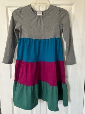 Hanna Andersson Gray Dress with Teal, Magenta & Green Tiered design